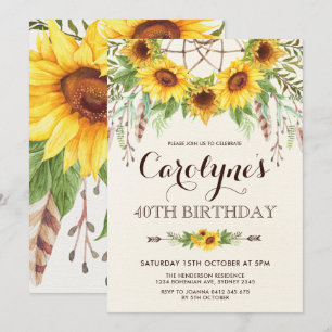 Rustic Sunflower 40th Birthday Boho Yellow Floral Invitation