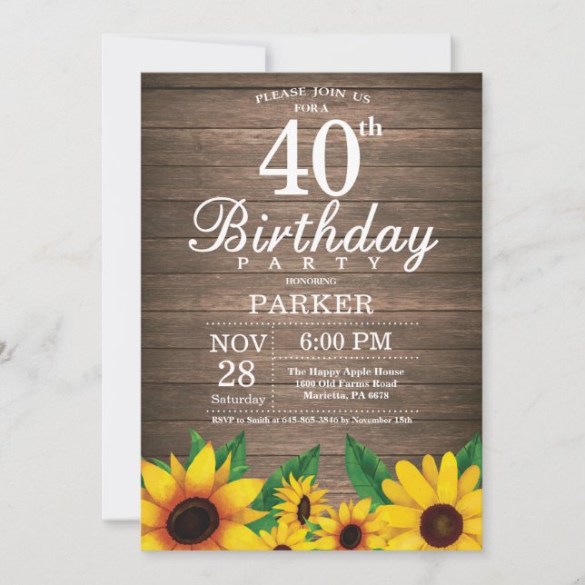 Rustic Sunflower 40th Birthday Invitation (Front)