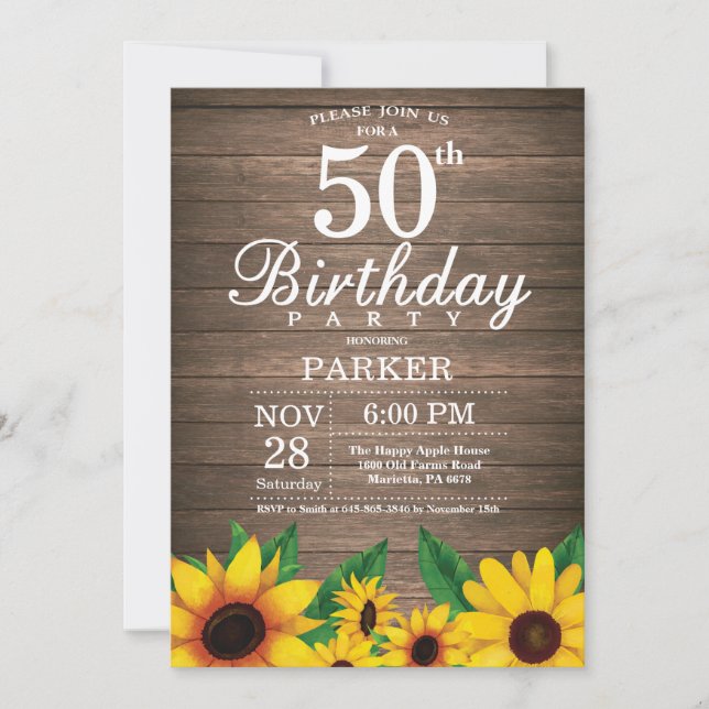 Rustic Sunflower 50th Birthday Invitation (Front)