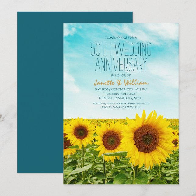 Rustic Sunflower 50th Wedding Anniversary Floral Invitation (Front/Back)