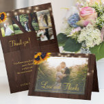 Rustic sunflower 5 photo collage wedding thank you card<br><div class="desc">Rustic sunflowers and string lights on brown barn wood custom photo grid thank you elegant wedding folded card with a chic gold typography script.           Personalise with your names,  5 photos and text!            Suitable for floral summer or autumn fall / garden backyard rustic country themed weddings.</div>