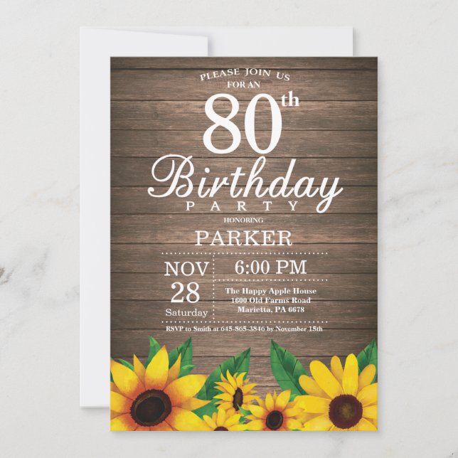 Rustic Sunflower 80th Birthday Invitation (Front)