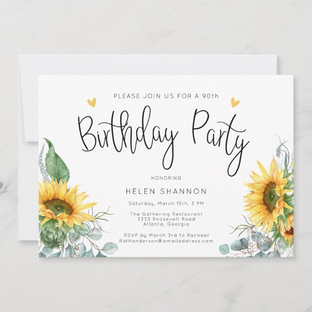 Rustic Sunflower 90th Birthday Party Invitation (Front)