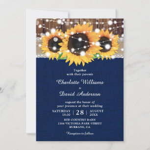Rustic Sunflower and Navy Blue Wedding Invitations