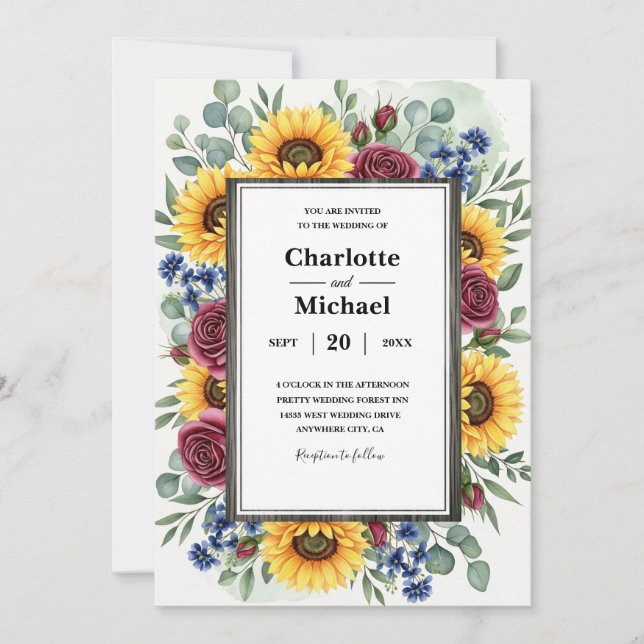 Rustic Sunflower and Rose Frame Wedding Invitation (Front)