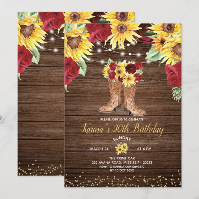 Rustic Sunflower and Roses boots Birthday Invitation (Front/Back)