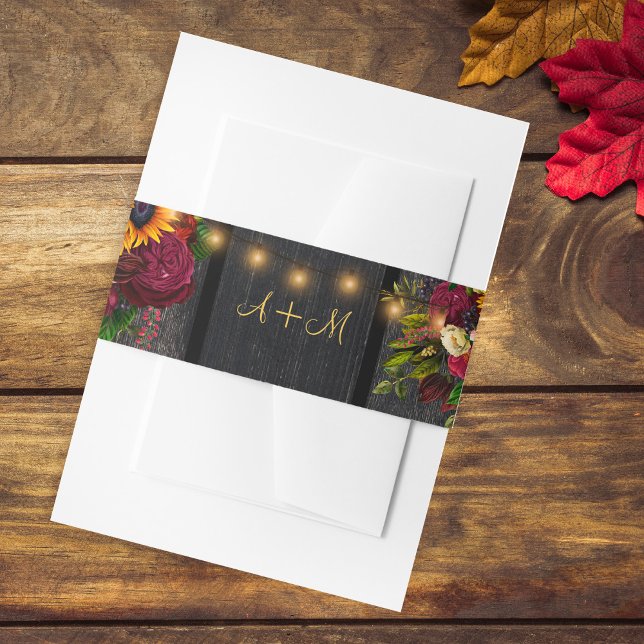 Rustic sunflower and roses monogrammed wedding invitation belly band (Creator Uploaded)