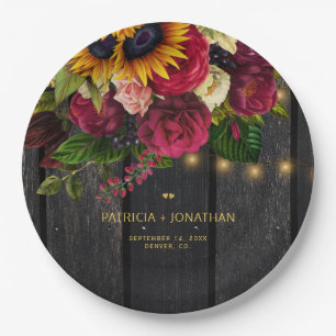 Rustic sunflower and roses personalised wedding paper plate