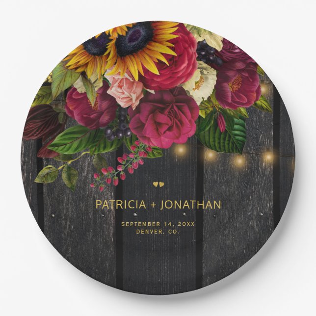 Rustic sunflower and roses personalised wedding paper plate (Front)