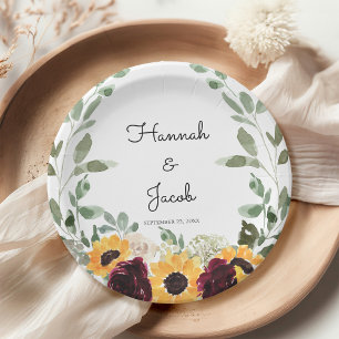 Rustic Sunflower and Roses Wedding Paper Plates