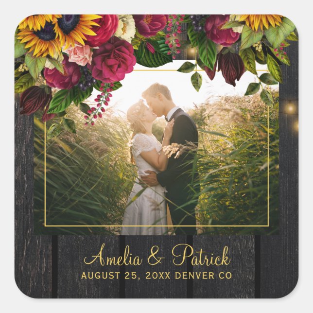 Rustic sunflower and roses wedding photo wood square sticker (Front)