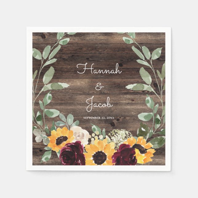 Rustic Sunflower and Roses Wood Wedding Paper Plat Napkin (Front)