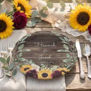 Rustic Sunflower and Roses Wood Wedding Paper Plate
