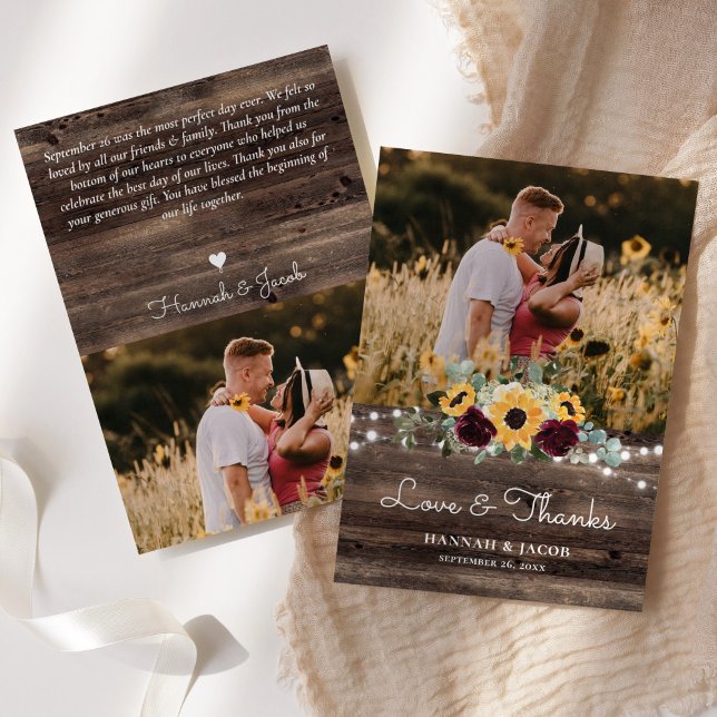 Rustic Sunflower and Roses Wood Wedding Thank You Card (Creator Uploaded)