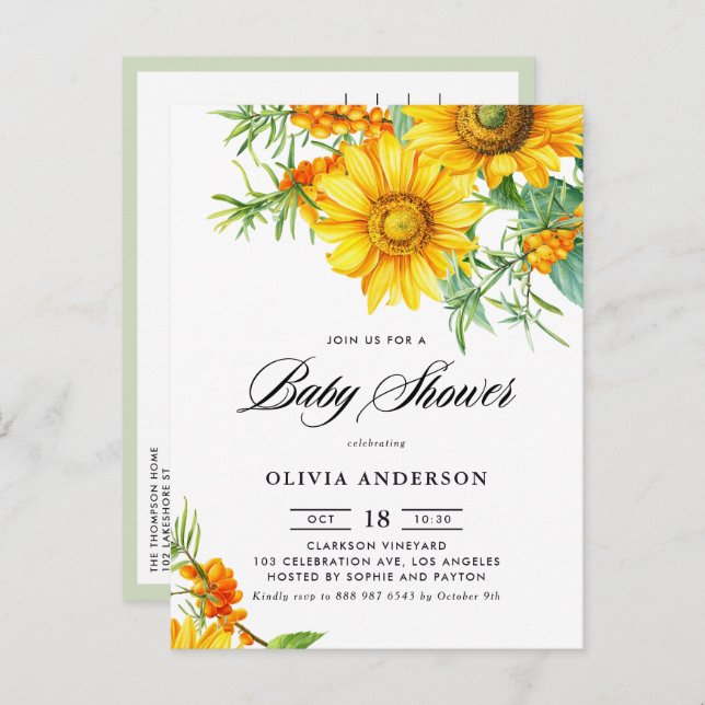 Rustic Sunflower and Sea Buckthorn Baby Shower Invitation Postcard (Front/Back)