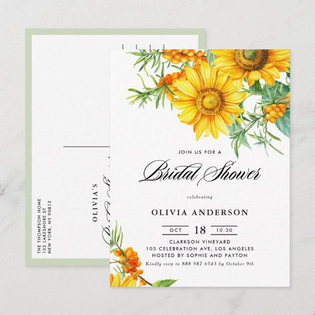 Rustic Sunflower and Sea Buckthorn Bridal Shower Invitation Postcard (Front/Back)
