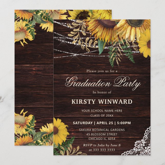 Rustic Sunflower and String Lights Graduation Invitation (Front/Back)