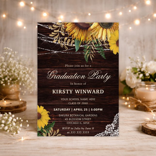 Rustic Sunflower and String Lights Graduation Invitation (Creator Uploaded)
