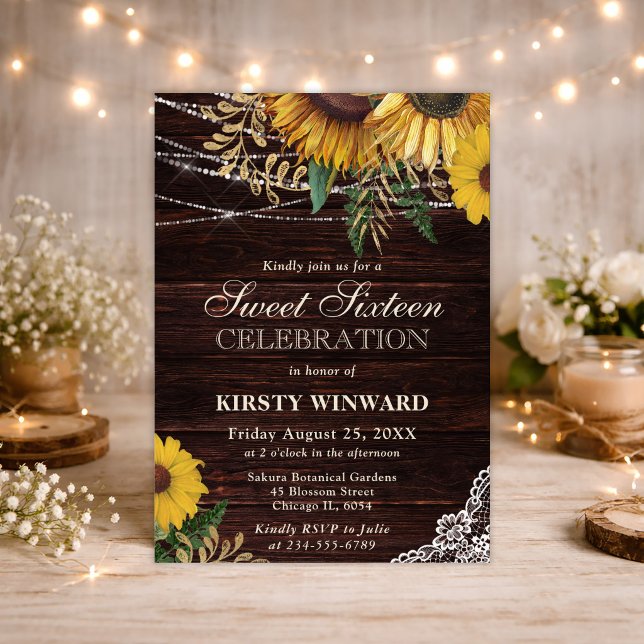 Rustic Sunflower and String Lights Sweet 16 Invitation (Creator Uploaded)