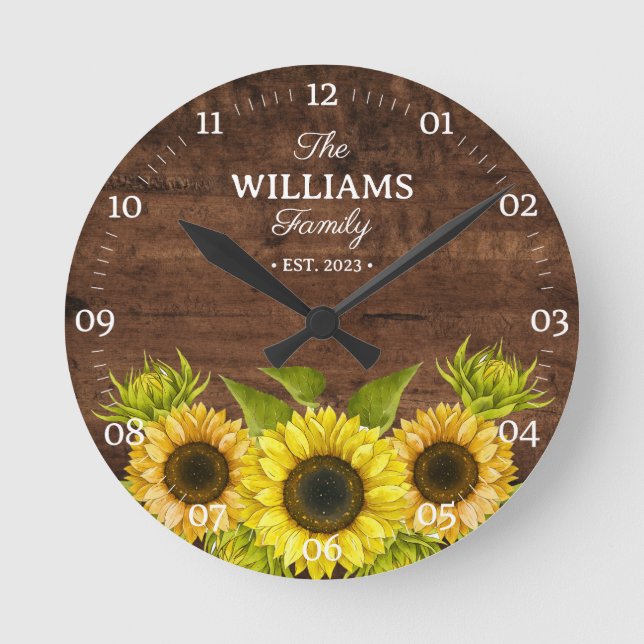 Rustic Sunflower and Wood Family Name Round Clock (Front)