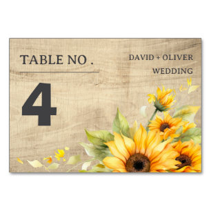 Rustic Sunflower And Wooden Background Wedding Table Number