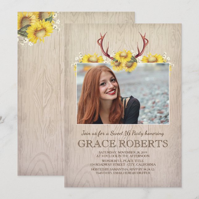 Rustic Sunflower Antlers | Sweet Sixteen Birthday Invitation (Front/Back)