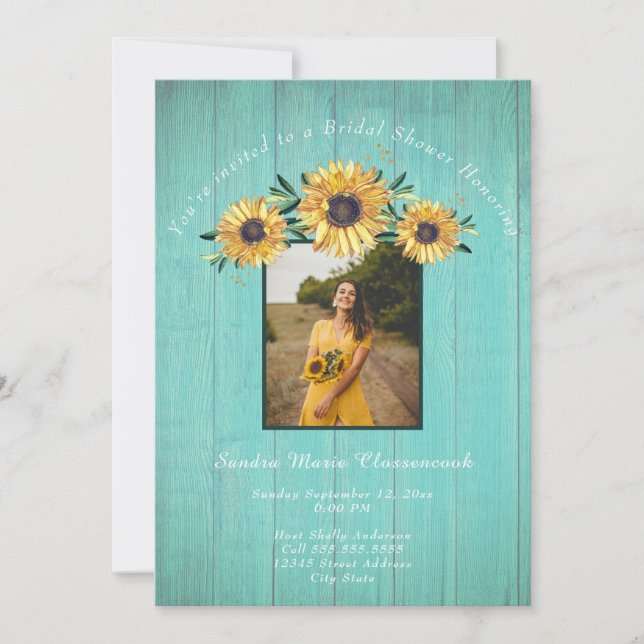 Rustic Sunflower Aqua Wood Wedding Bridal Shower I Invitation (Front)
