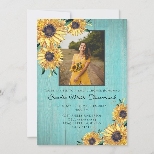 Rustic Sunflower Aqua Wood Wedding Bridal Shower Invitation (Front)