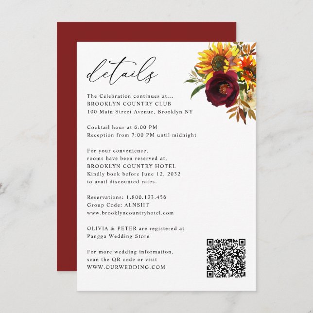 Rustic Sunflower Autumn Burgundy Wedding Details Enclosure Card (Front/Back)