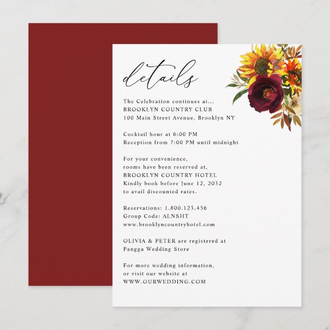Rustic Sunflower Autumn Burgundy Wedding Details Enclosure Card (Front/Back)