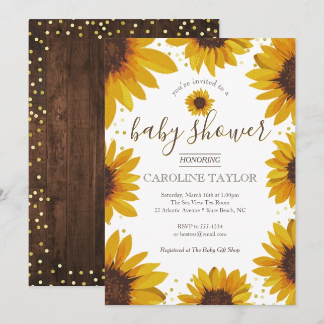 Rustic Sunflower Baby Shower on Wood Invitation (Front/Back)