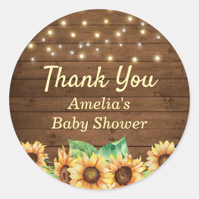 Rustic Sunflower Baby Shower Sprinkle Thank You Classic Round Sticker (Front)