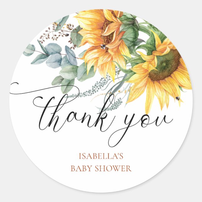Rustic Sunflower Baby Shower Thank You Classic Round Sticker (Front)