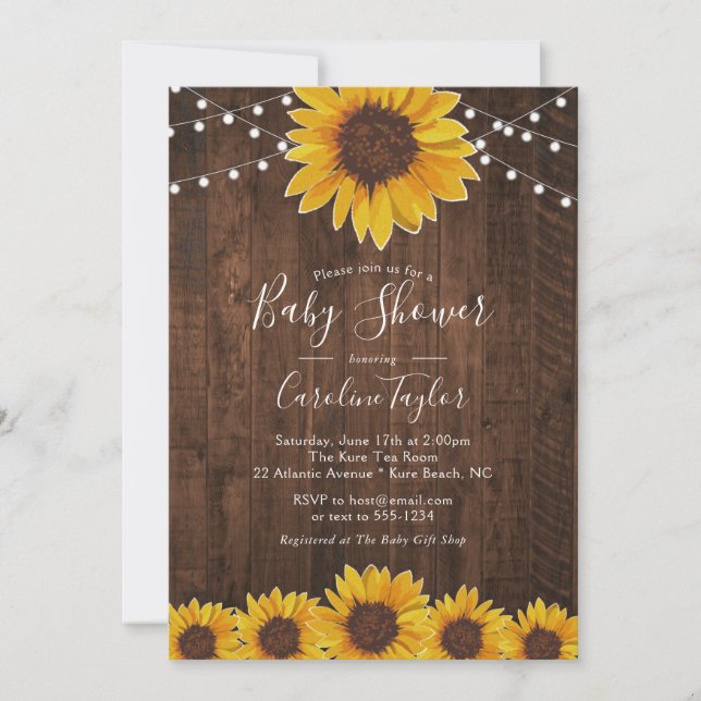 Rustic Sunflower Baby Shower with String Lights Invitation (Front)