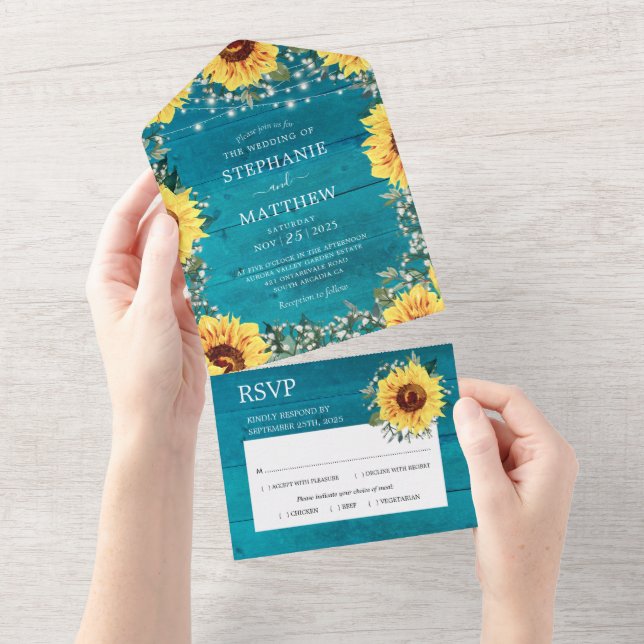 Rustic Sunflower Babys Breath Border Aqua Wedding All In One Invitation (Tearaway)