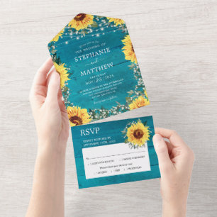 Rustic Sunflower Babys Breath Border Aqua Wedding All In One Invitation
