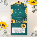 Rustic Sunflower Babys Breath Border Teal Wedding All In One Invitation<br><div class="desc">These wedding invitations feature a watercolor floral border of sunflowers,  baby's breath and foliage on a teal wood background. Personalize them with your own text. Matching wedding suite available. Please visit my store to see the full range of items that you can personalize for your wedding.</div>