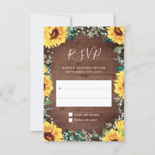 Rustic Sunflower Babys Breath Border Wood Wedding RSVP Card