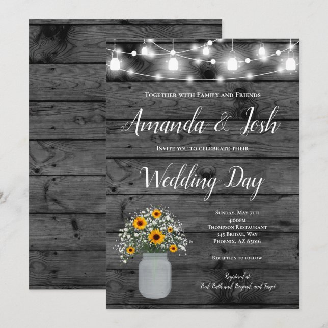 Rustic Sunflower Babys Breath Mason Jar Wedding Invitation (Front/Back)