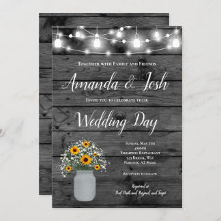 Rustic Sunflower Babys Breath Mason Jar Wedding Invitation