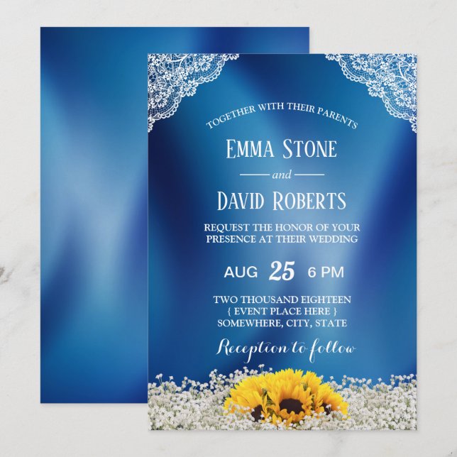Rustic Sunflower & Baby's Breath Navy Blue Wedding Invitation (Front/Back)