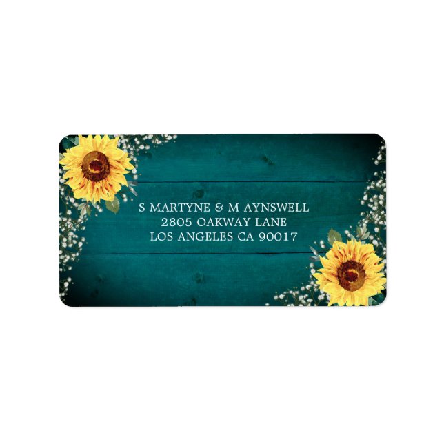 Rustic Sunflower Babys Breath Teal Wedding Label (Front)