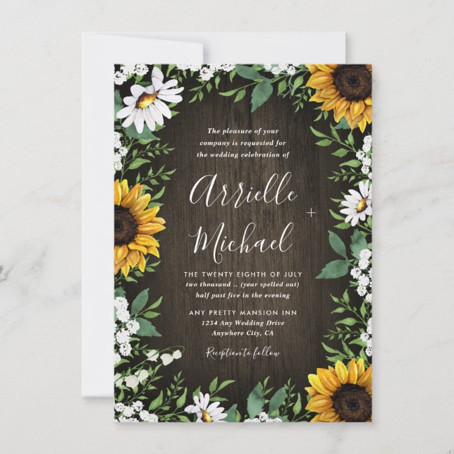 Rustic Sunflower Baby's Breath Wedding Invitations (Front)