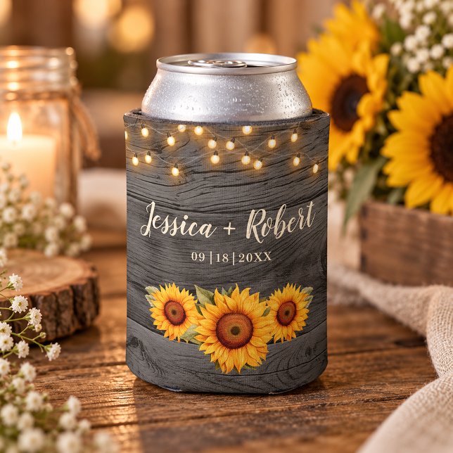 Rustic Sunflower Barn String Lights Wedding Can Cooler (Rustic Wedding Koozie with Sunflowers)