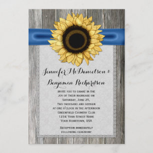 Rustic Sunflower Barn Wood Blue Ribbon Invitation