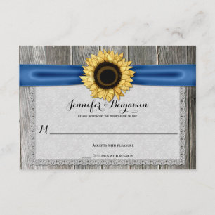 Rustic Sunflower Barn Wood Blue Ribbon RSVP Card
