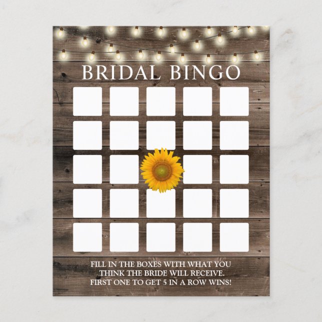 Rustic Sunflower Barn Wood Bridal Bingo Game Cards (Front)