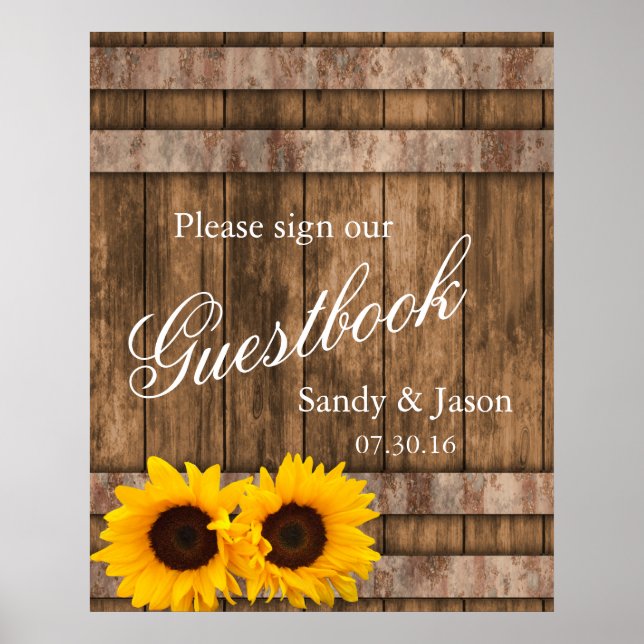 Rustic Sunflower Barn Wood Guestbook Sign | Zazzle (Front)