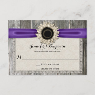 Rustic Sunflower Barn Wood Lace Puple Ribbon RSVP Card