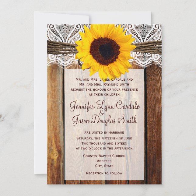 Rustic Sunflower Barn Wood Lace Wedding Invitation (Front)